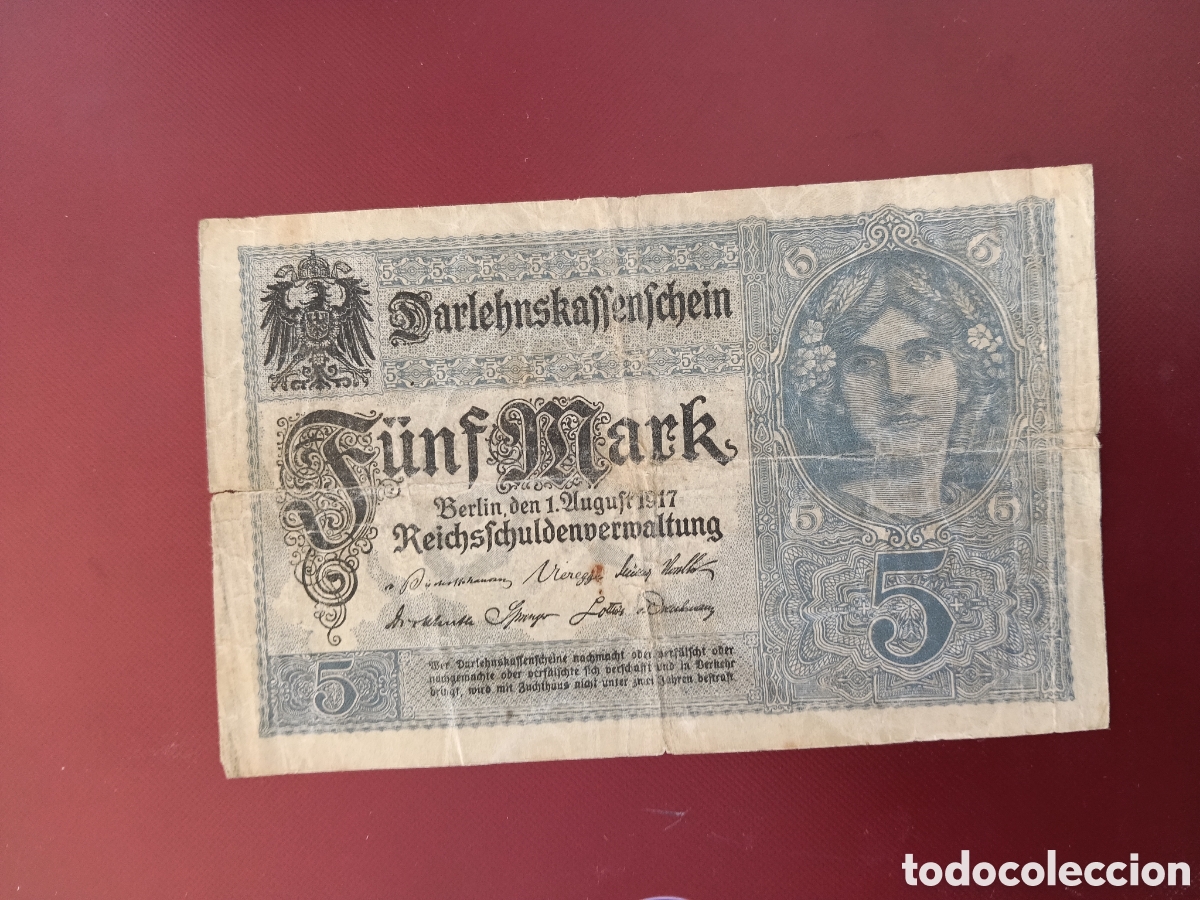 Billetes extranjeros: billete hist&oacute;rico de 5 Marcos alemanes (F&uuml;nf Mark / Darlehnskassenschein),