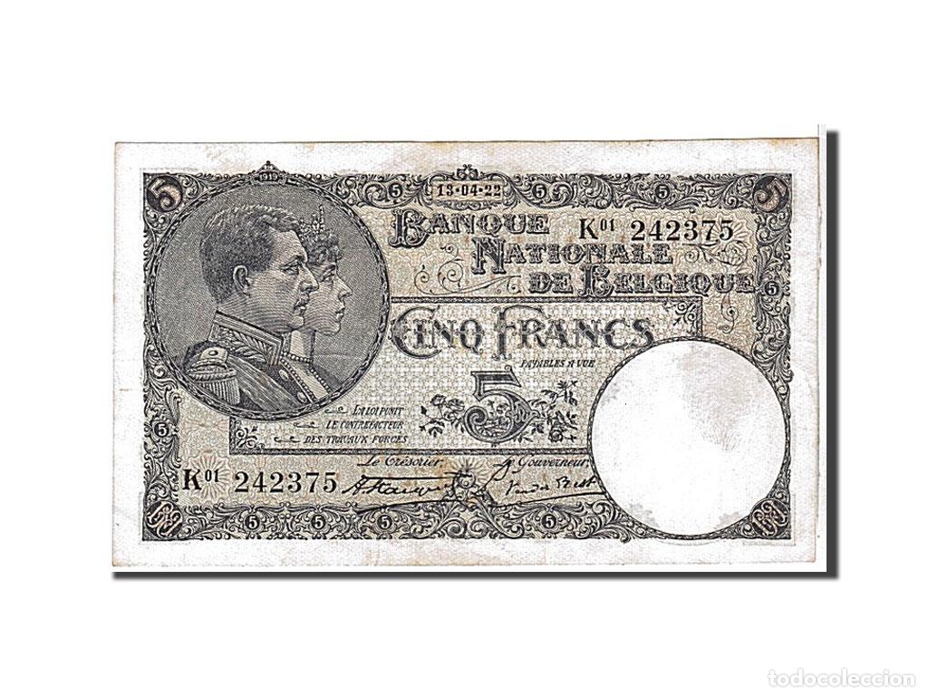 Billetes extranjeros: [#111108] Billete, 5 Francs, 1922, B&eacute;lgica, KM:93, MBC