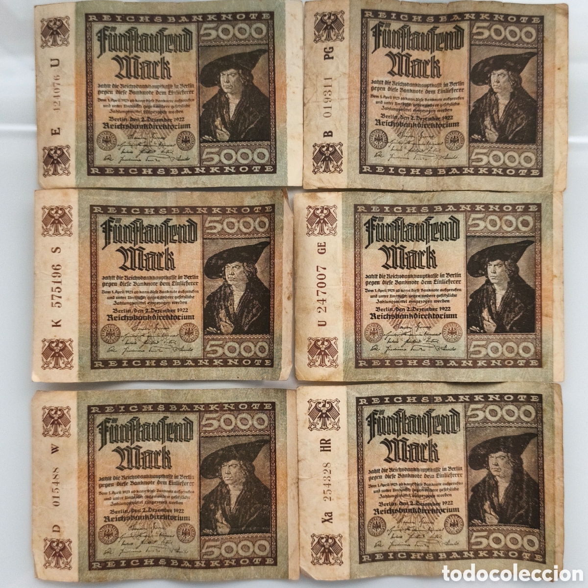 Billetes extranjeros: Alemania, Lote 6 billetes 5000 Mark de 1922