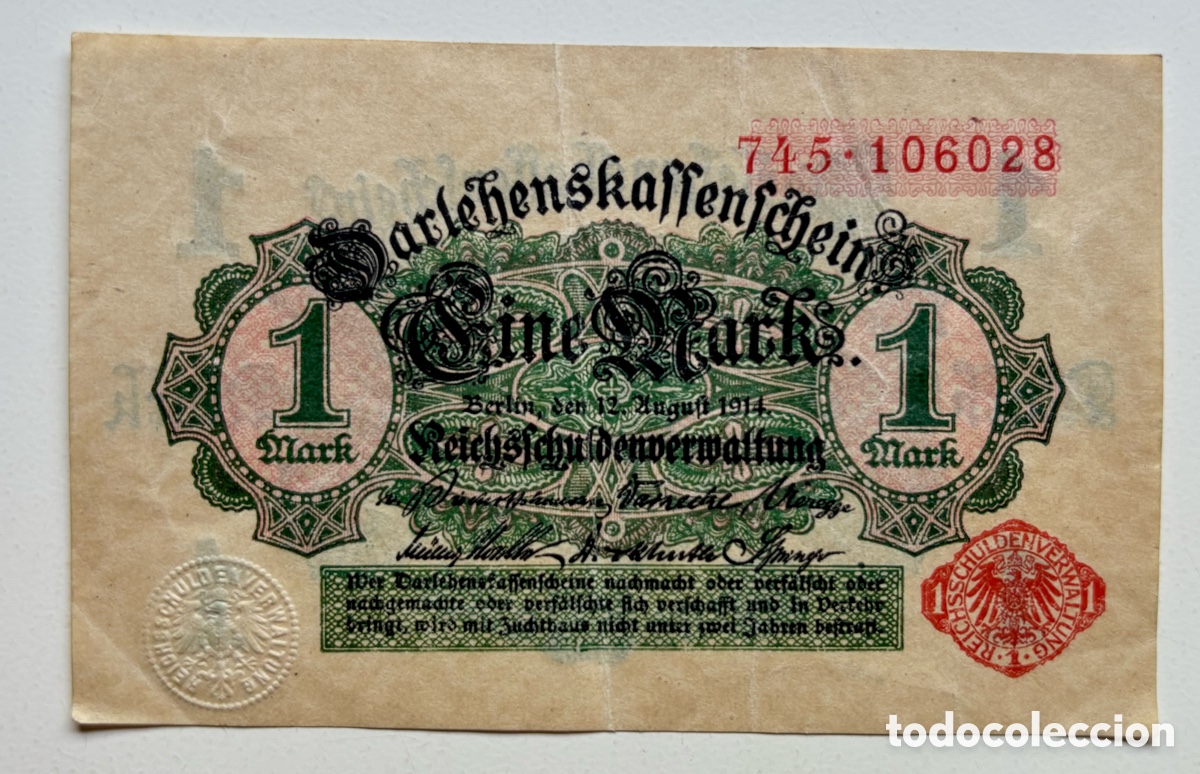 Billetes extranjeros: Billete ALEMANIA 1 Marco 1914. Sello Rojo. Mark