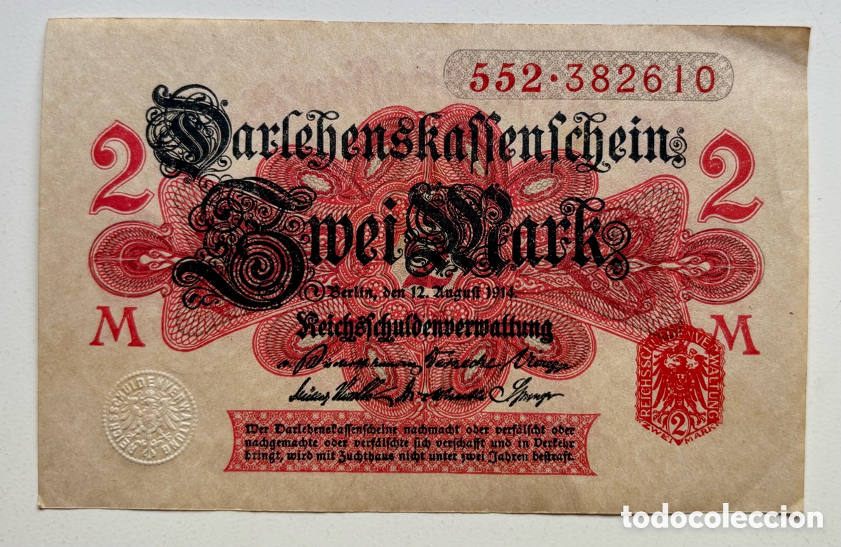 Billetes extranjeros: Billete ALEMANIA 2 Marcos 1914 Fondo Blanco. Sello Rojo. Mark