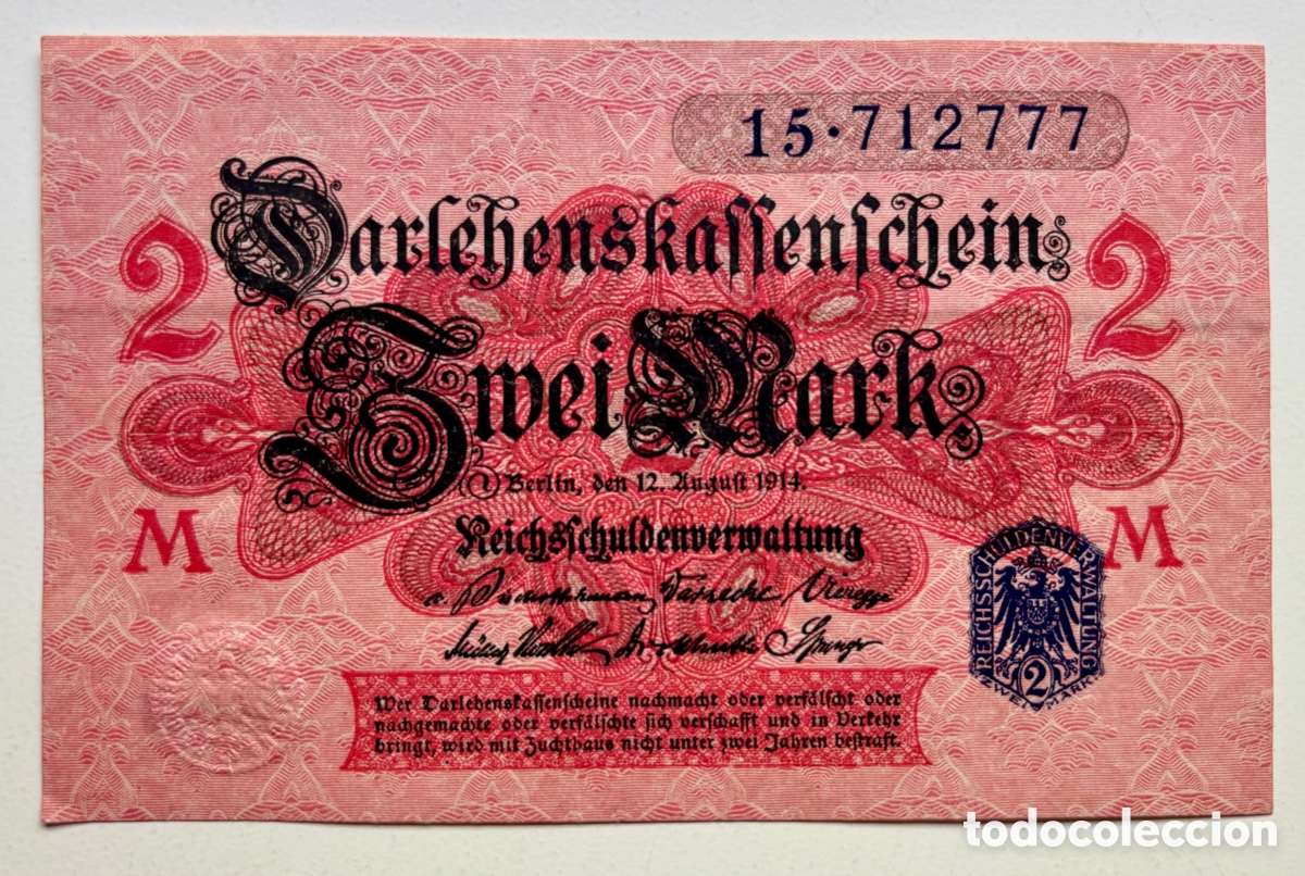 Billetes extranjeros: Billete ALEMANIA 2 Marcos 1914 Fondo Rojo . Sello Azul . Mark