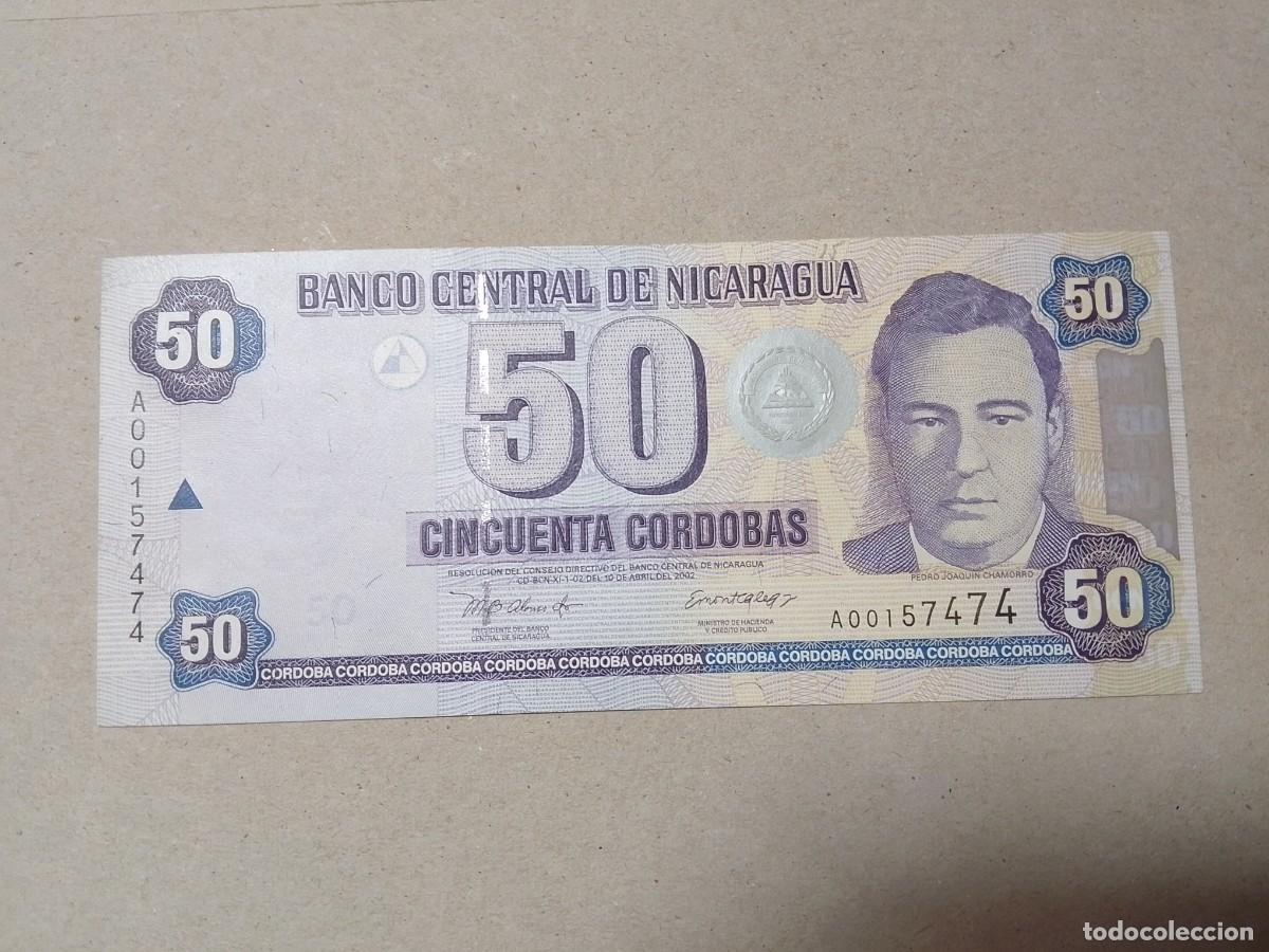 Billetes extranjeros: Billete Nicaragua, 50 c&oacute;rdobas, a&ntilde;o 2002, serie A00157474, n&ordm; bajisimo, UNC