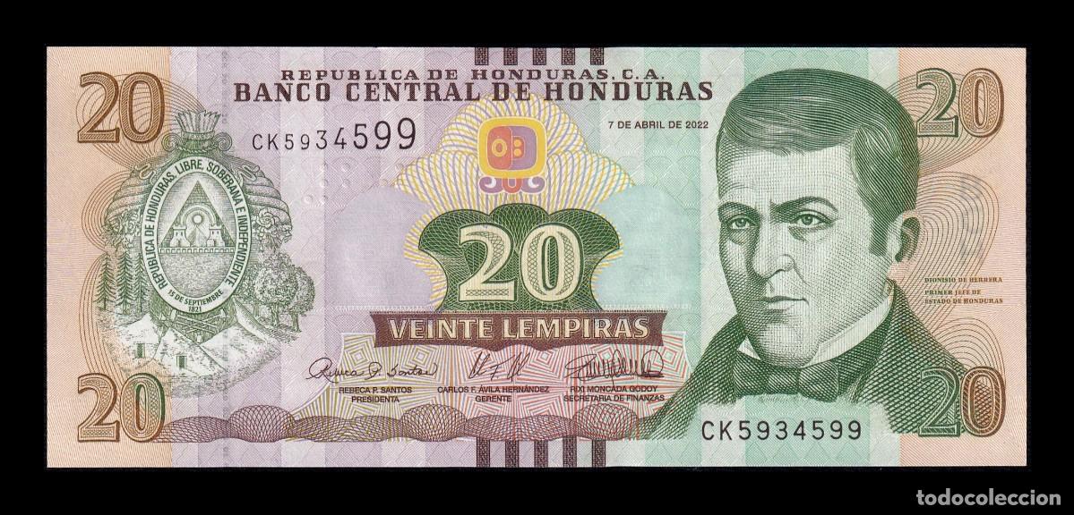 Billetes extranjeros: Honduras 20 Lempiras Jos&eacute; Dionisio de la Trinidad 2022 Pick 100e Sc Unc
