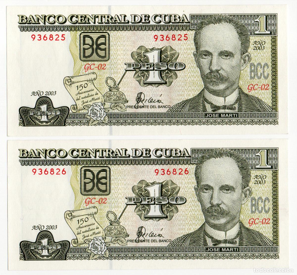 Billetes extranjeros: 2 Billetes Cuba 1 Pesos 2003 Conmemorativos, SC