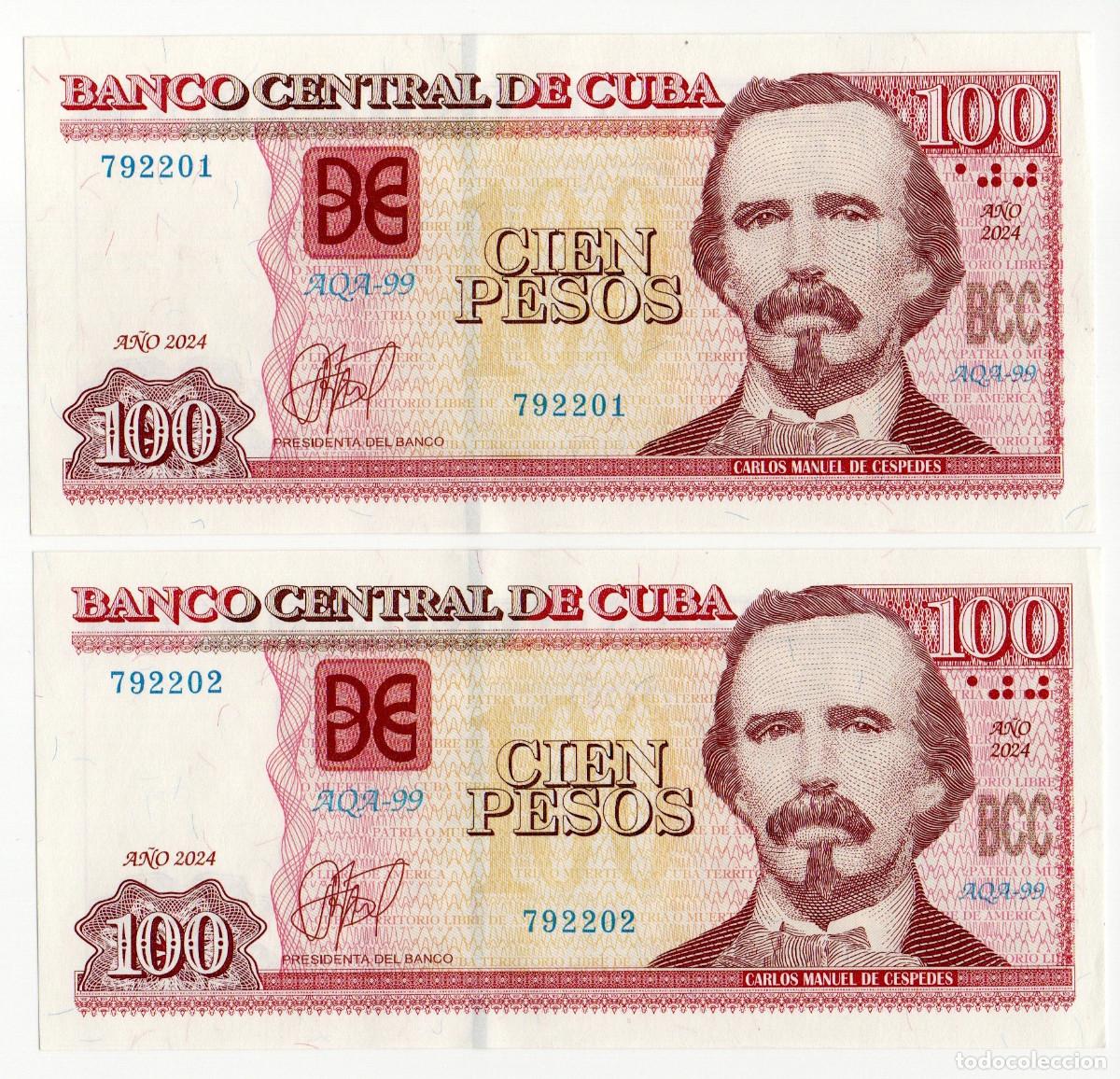 Billetes extranjeros: 2 Billetes Cuba 100 Pesos 2024 Serie Remplazo, Reemplazo, SC
