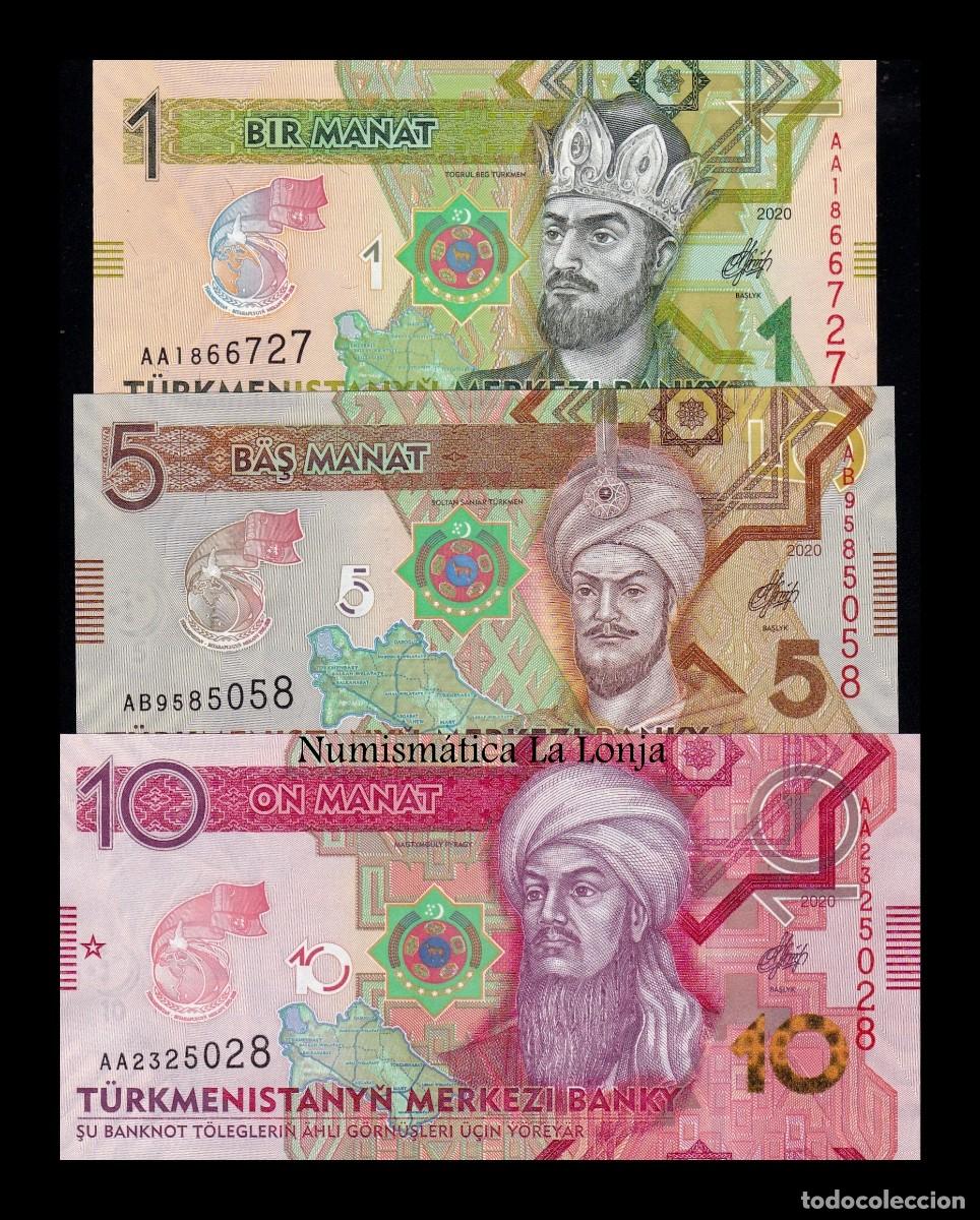 Billetes extranjeros: Turkmenist&aacute;n Set 3 billetes 1 5 10 Manat Conmemorativo 2020 Pick 42-44 Sc Unc