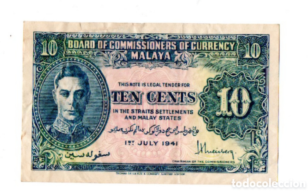 Billetes extranjeros: Billete 10 Cents Malaya 1941 - Rey Jorge VI - Thomas De La Rue