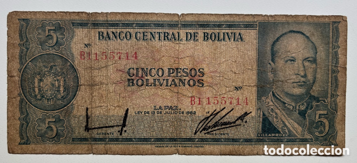 Billetes extranjeros: Billete BOLIVIA 5 Pesos 1962