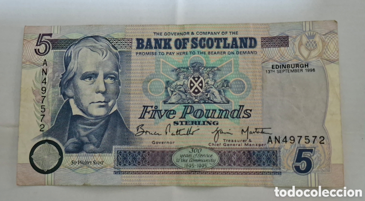 Billetes extranjeros: Billete Escocia,1.995 , 5 Pounds,BC+.