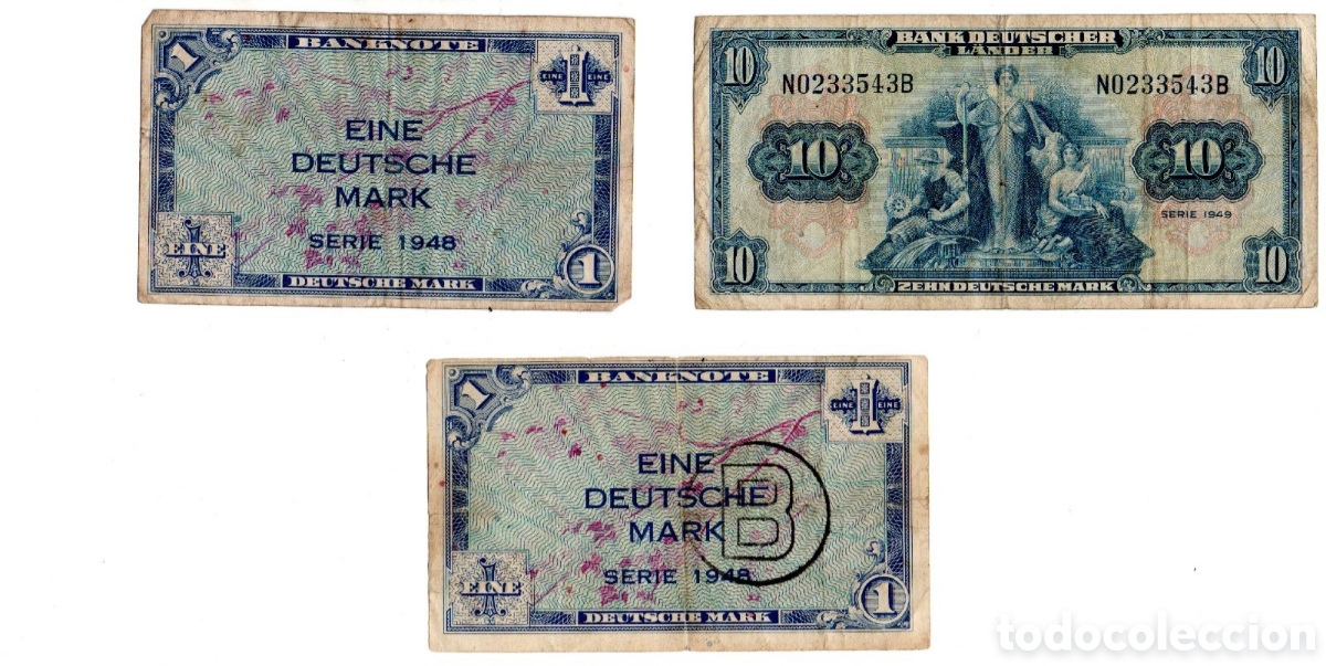 Billetes extranjeros: Lote 3 Billetes Alemania Ocupaci&oacute;n Aliada (1948-1949). 1 Mark Resello 'B' Berl&iacute;n- 10 Mark deutscher.