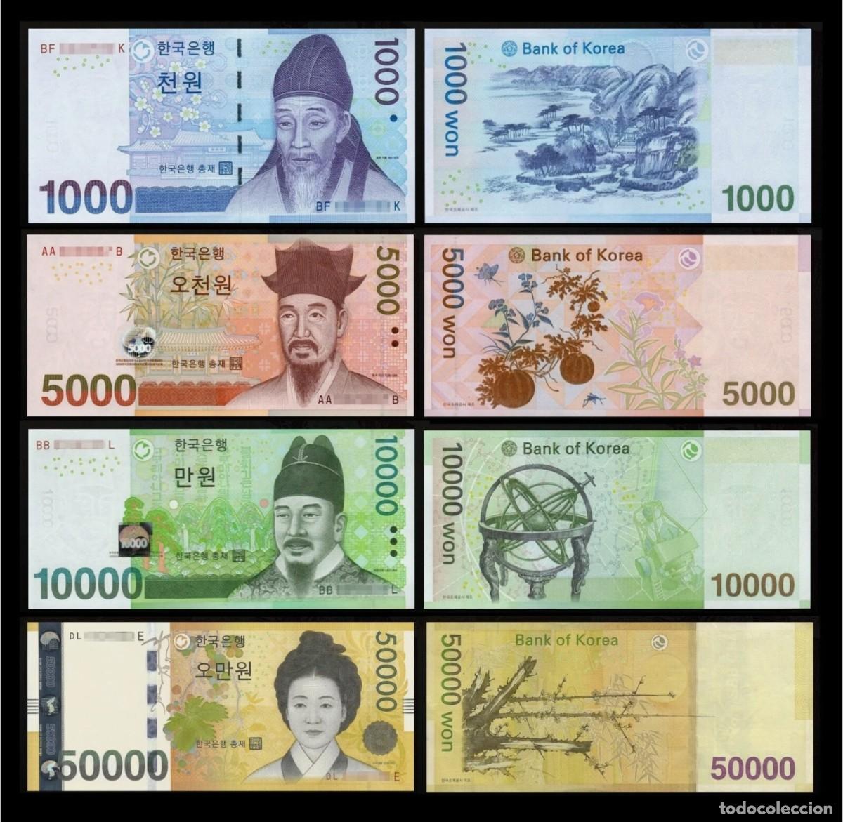 Billetes extranjeros: Corea del Sur Set 4 pcs 1000 5000 10000 50000 Won 2006-2009 Sin Circular