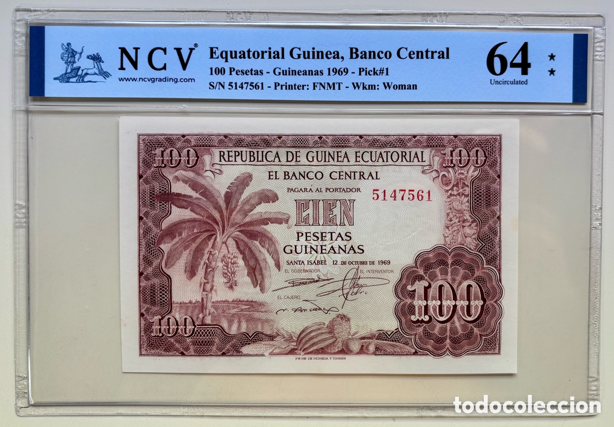 Billetes extranjeros: Billete GUINEA ECUATORIAL 100 Pesetas Guineanas 1969 . Certificado NCV 64