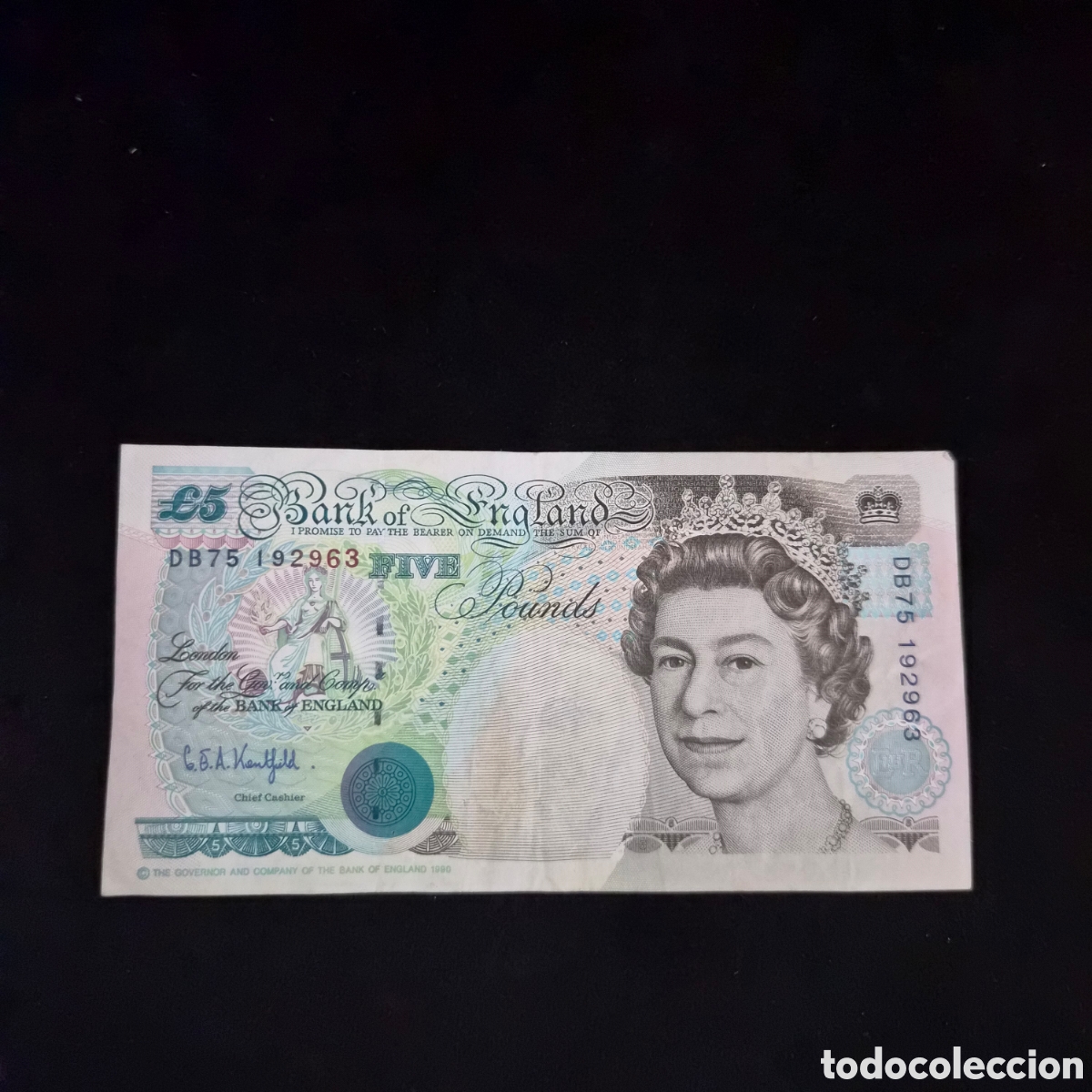Billetes extranjeros: Billete de 5 Pounds &ndash; Bank of England &ndash; Reina Isabel II &ndash; George Stephenson