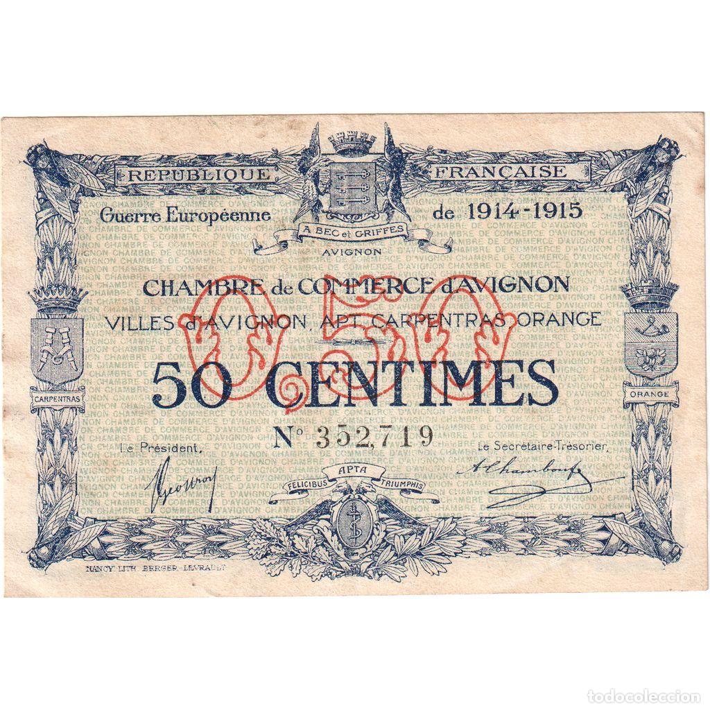 Billetes extranjeros: [#1234307] Francia, AVIGNON, 50 Centimes, 1914-1915, Chambre de Commerce, MBC, Pirot:122-11