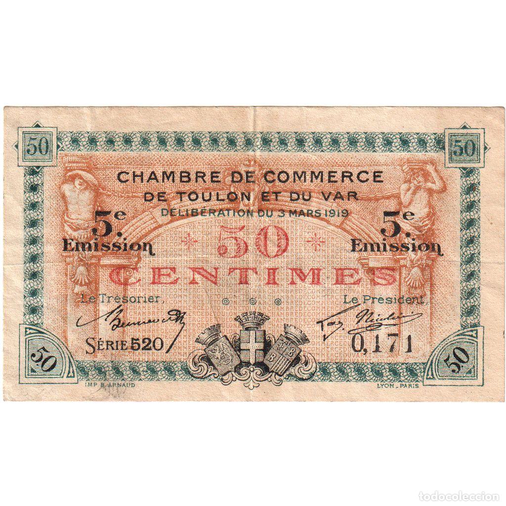 Billetes extranjeros: [#1234305] Francia, Toulon, 50 Centimes, 1919-03-03, Chambre de Commerce, MBC, Pirot:121-18