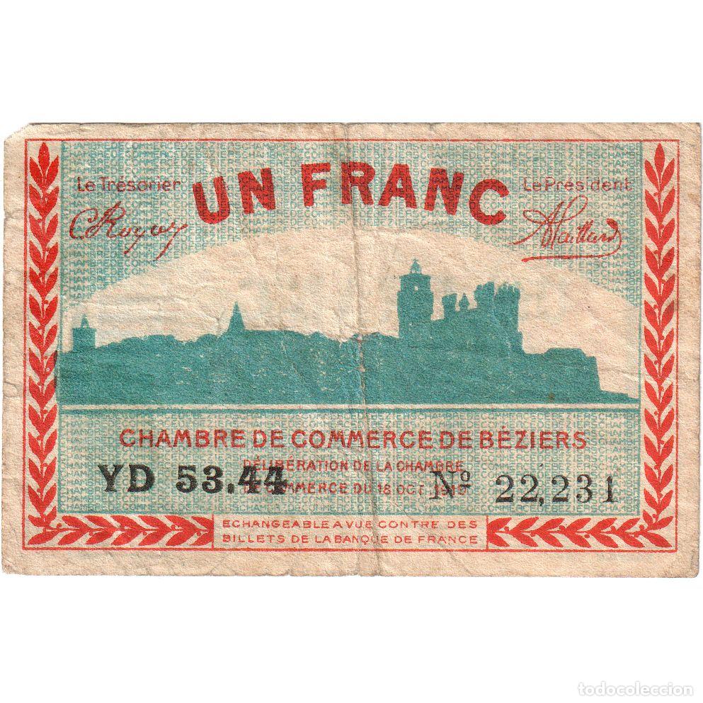Billetes extranjeros: [#1234316] Francia, B&eacute;ziers, 1 Franc, 1919-10-18, Chambre de Commerce, BC+