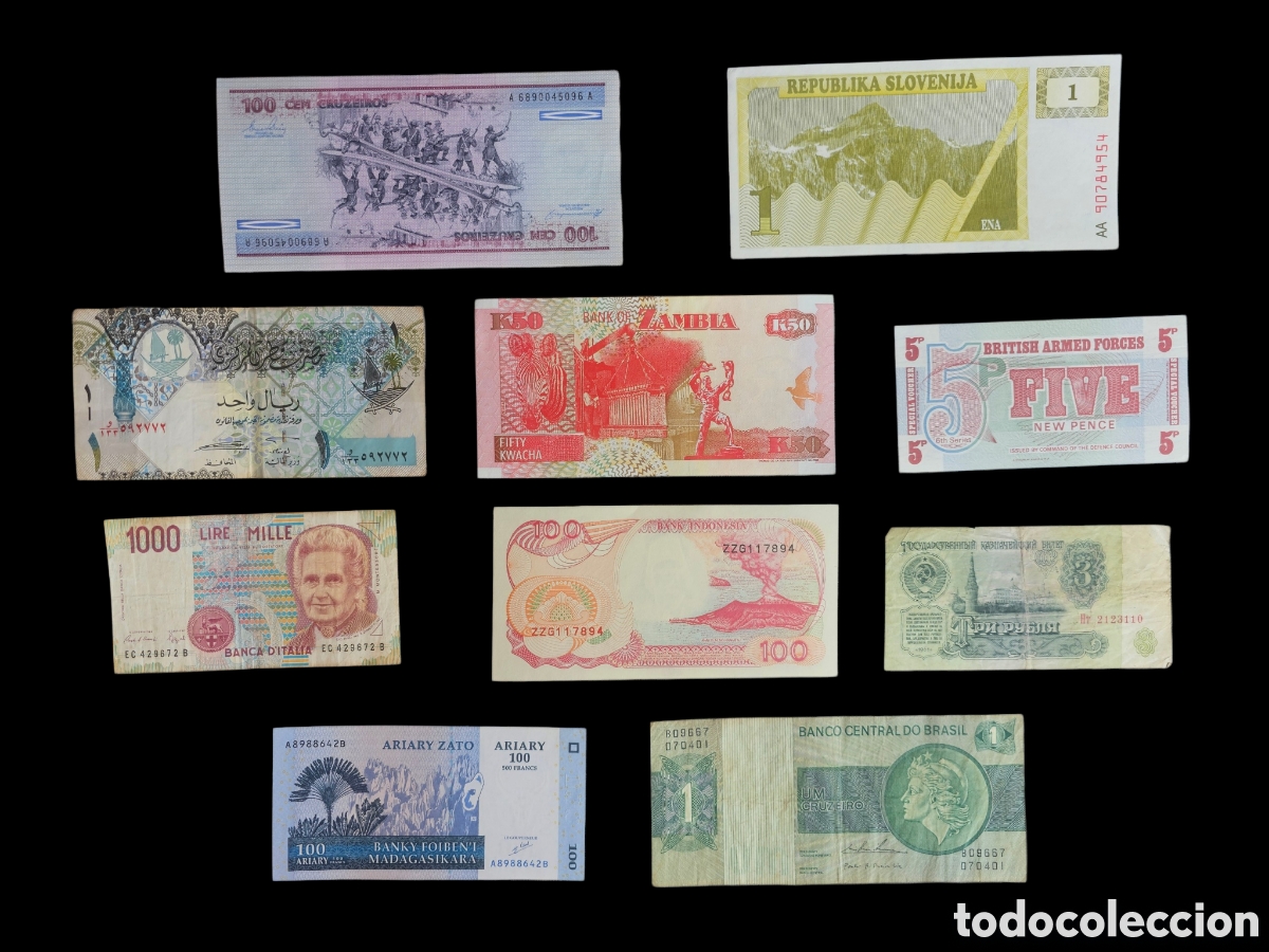 Billetes extranjeros: Lote de 10 Billetes del Mundo Diferentes - Europa, &Aacute;frica, Asia y Am&eacute;rica