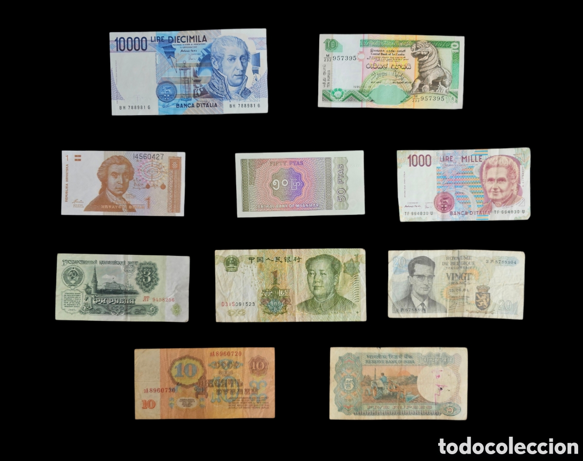 Billetes extranjeros: Lote 10 Billetes Mundiales Antiguos. Italia, URSS, India, B&eacute;lgica, China