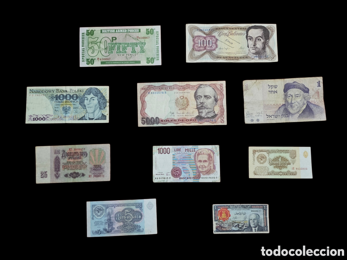 Billetes extranjeros: Lote de 10 Billetes Mundiales e Hist&oacute;ricos - URSS, Italia, Per&uacute;, Israel, T&uacute;nez y m&aacute;s