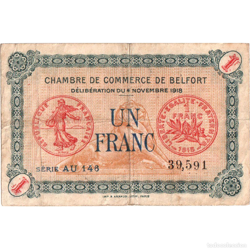 Billetes extranjeros: [#1234329] Francia, Belfort, 1 Franc, 1918-11-04, Chambre de Commerce, BC+, Pirot:23-44