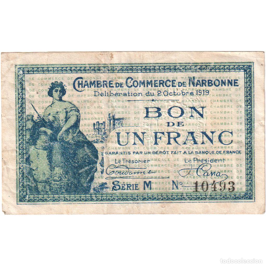 Billetes extranjeros: [#1234328] Francia, Narbonne, 1 Franc, 1919-10-02, Chambre de commerce / Bon de, MBC