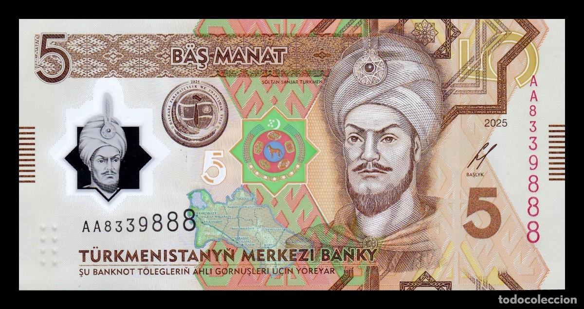 Billetes extranjeros: Turkmenist&aacute;n 5 Manat Conmemorativo 2025 (2026) Pick 49 Nuevo Pol&iacute;mero Sc Unc