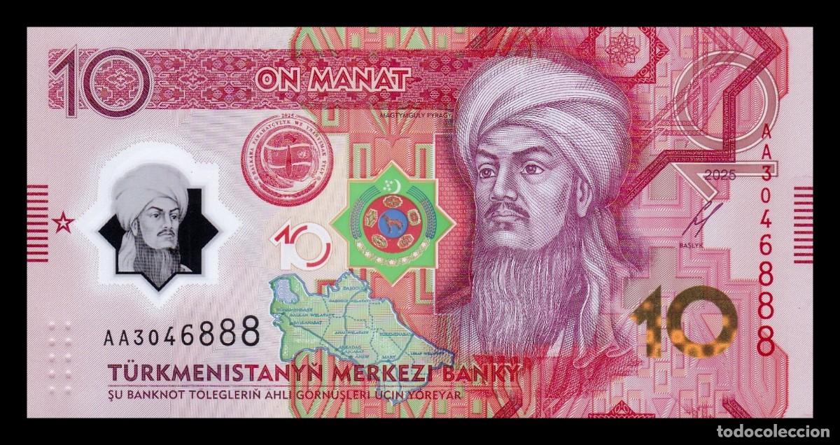 Billetes extranjeros: Turkmenist&aacute;n 10 Manat Conmemorativo 2025 (2026) Pick 50 Nuevo Pol&iacute;mero Sc Unc