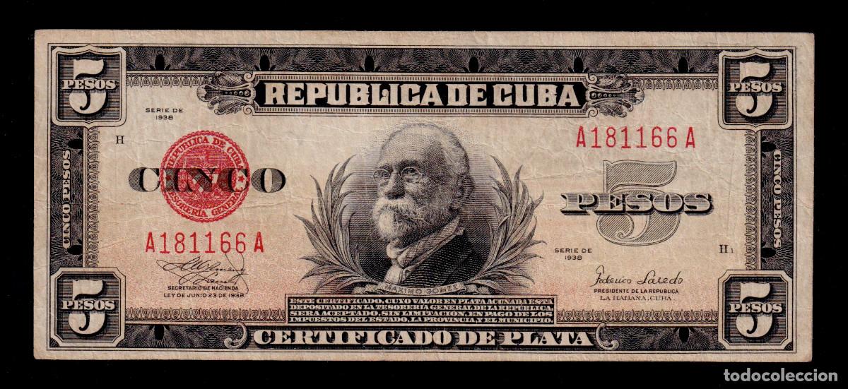 Billetes extranjeros: CUBA 5 PESOS 1938 XF/EBC- CERTIFICADO DE PLATA Pick.70d Serie X181166A