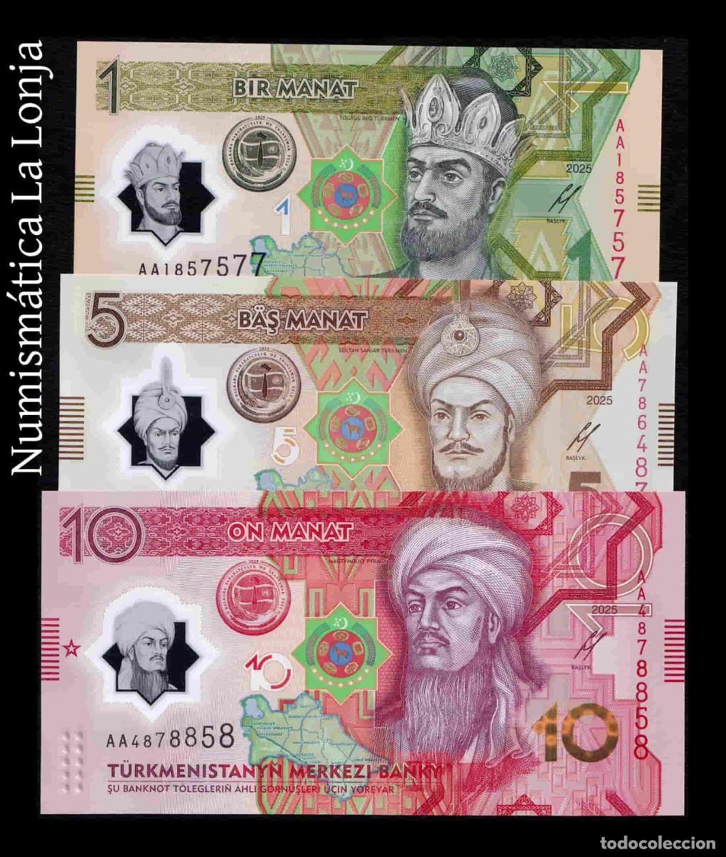Billetes extranjeros: Turkmenist&aacute;n Set 3 billetes 1 5 10 Manat Conmemorativo 2025 (2026) Pick 48-50 Pol&iacute;mero Sc Unc