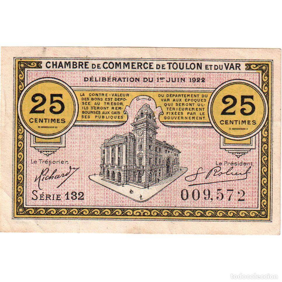 Billetes extranjeros: [#1234354] Francia, Toulon, 25 Centimes, 1922-06-01, Serie 139 015,662, MBC+, Pirot:121-34