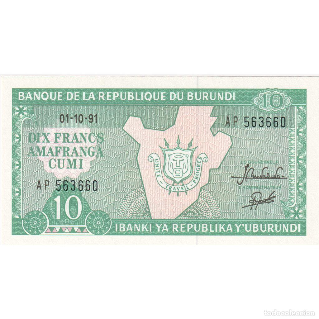 Billetes extranjeros: [#1234459] Billete, 10 Francs, 1991, Burundi, 1991-10-01, KM:33a, UNC