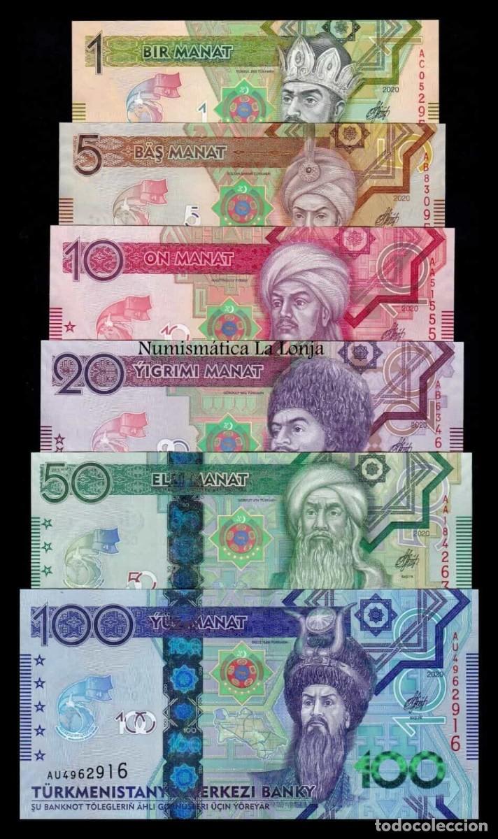 Billetes extranjeros: Turkmenist&aacute;n Set completo 1 5 10 20 50 100 Manat Conmemorativo 2020 Pick 42-47 Sc Unc