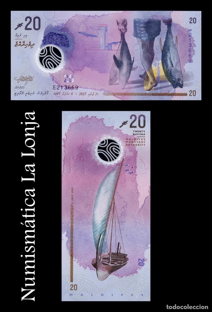 Billetes extranjeros: Maldivas 20 Rufiyaa 2025 (2026) Pick 34 Nuevo Pol&iacute;mero Sc Unc