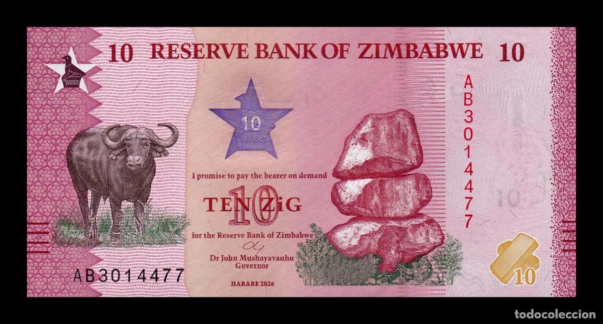 Billetes extranjeros: Zimbabwe 10 Zig B&uacute;falo 2026 Pick 115 Nuevo Sc Unc