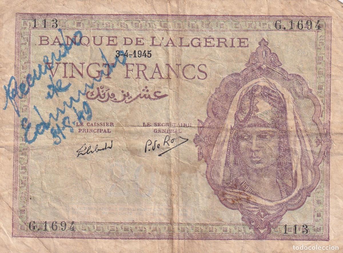 Billetes extranjeros: CRBX2614 BILLETE ARGELIA 20 FRANCOS 1945 CON TINTA USADO