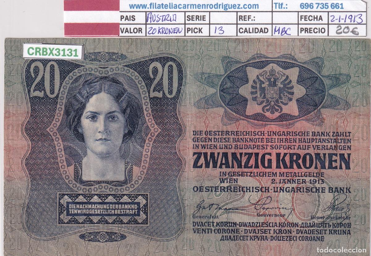 Billetes extranjeros: CRBX3131 BILLETE AUSTRIA 20 KRONEN 1913 MBC