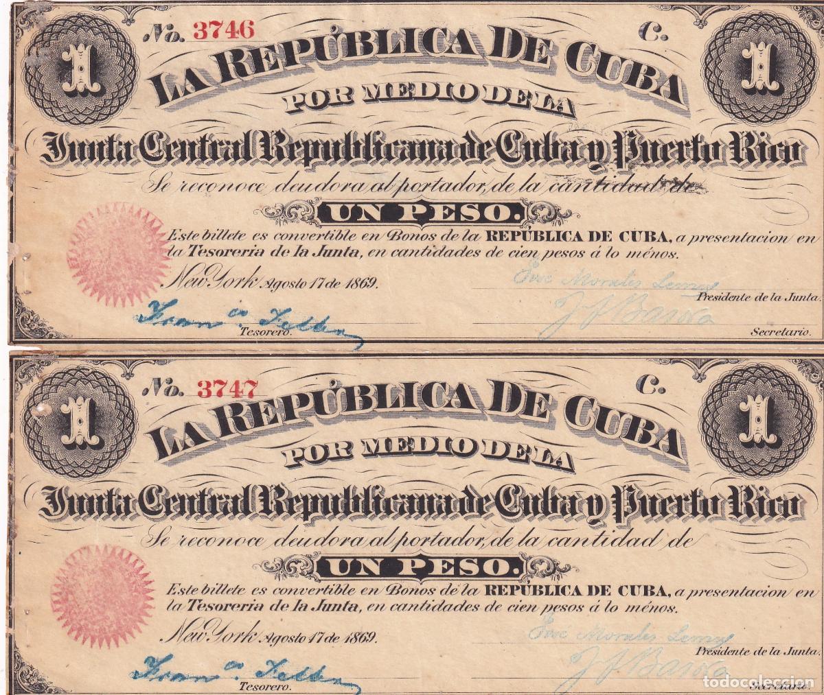 Billetes extranjeros: CRBX2924 PAREJA CORRELATIVA BILLETES CUBA 1 PESO 1869 RARA