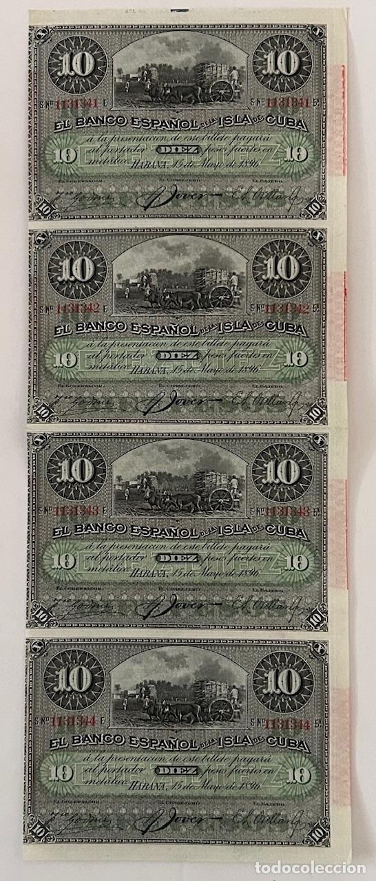 Billetes extranjeros: CRBX2922 4 BILLETES CUBA ESPA&Ntilde;A SIN CORTAR 10 PESETAS 1896 SOBRECARGA PLATA S/C