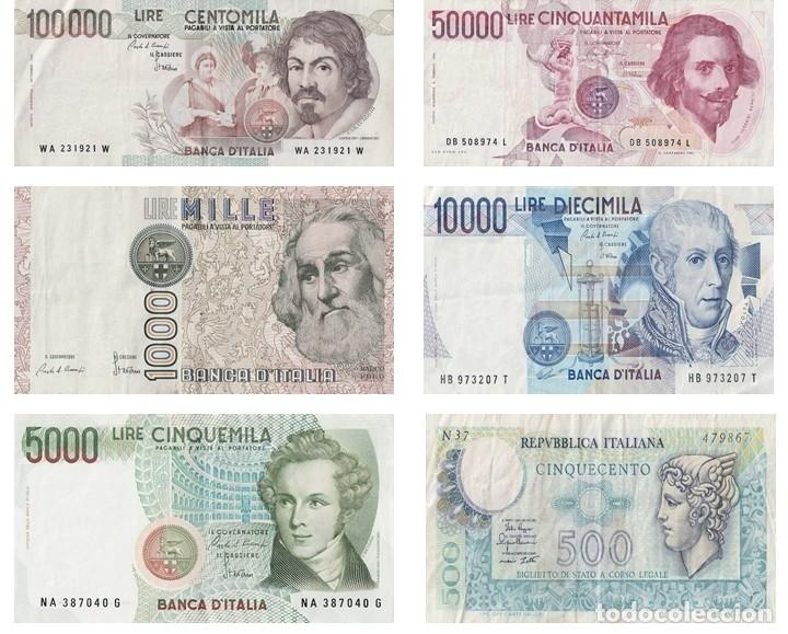 Billetes extranjeros: LOTE DE 6 BILLETES DE ITALIA 100.000/50.000/10.000/5.000/1.000/ 500 LIRAS. EXCELENTE ESTADO