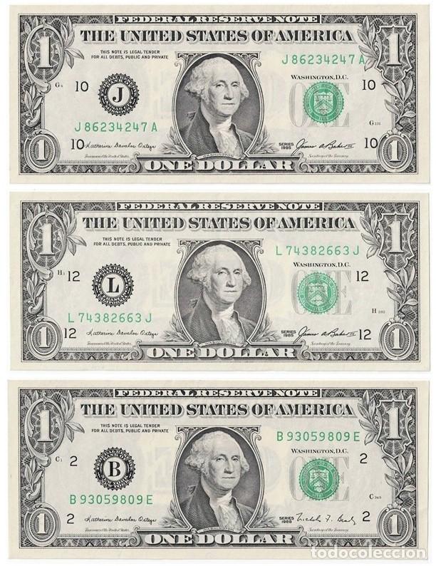 Billetes extranjeros: USA LOTE DE 3 BILLETES DE 1 D&Oacute;LAR DIFERENTES A&Ntilde;OS Y EMISORES. NUEVOS (PLANCHA)