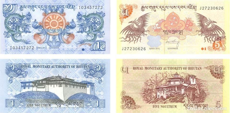 Billetes extranjeros: BHUTAN LOTE DE 2 BILLETES DE 1 Y 5 NGULTRUM. NUEVOS