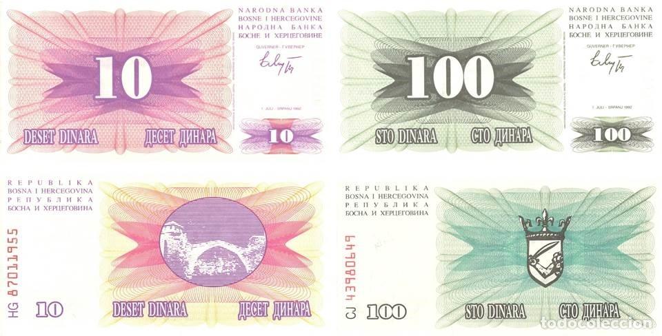 Billetes extranjeros: BOSNIA HERCEGOVINA LOTE DE 2 BILLETES DE 10 Y 100 DINARA A&Ntilde;O 1992. NUEVOS