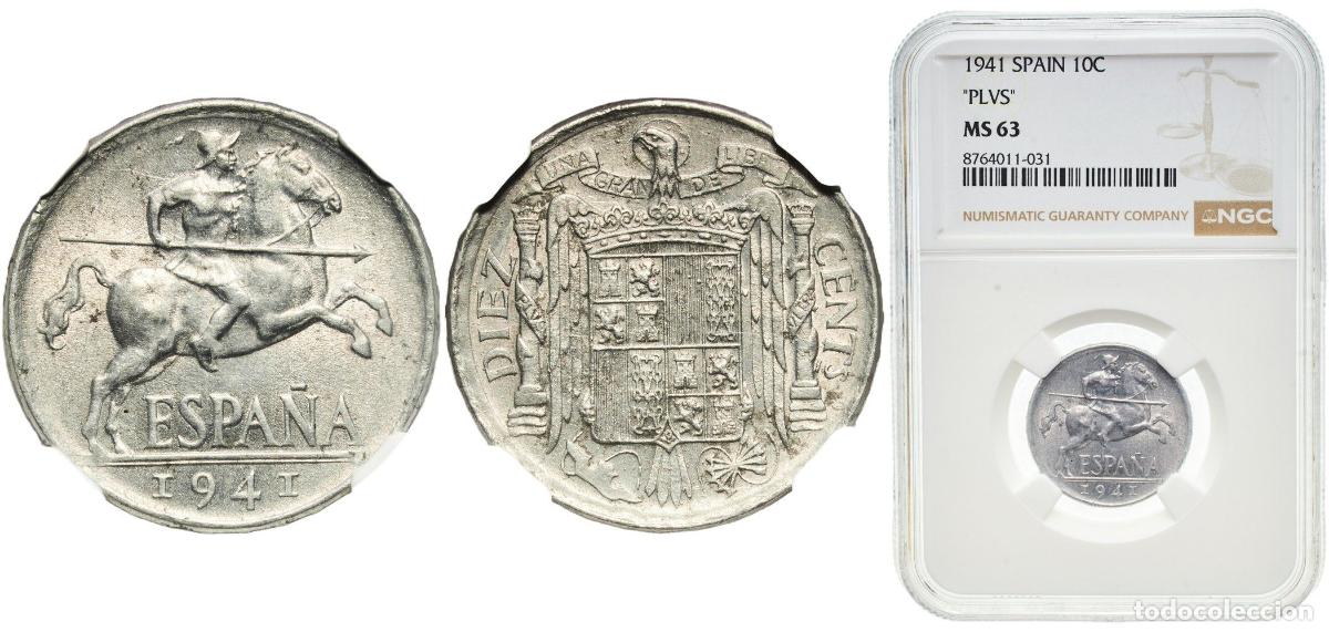 Billetes extranjeros: Spain Nationalist Government 1941 10 Centimos - Iberian rider &uml;PLVS&uml; A rare variety. NGC population