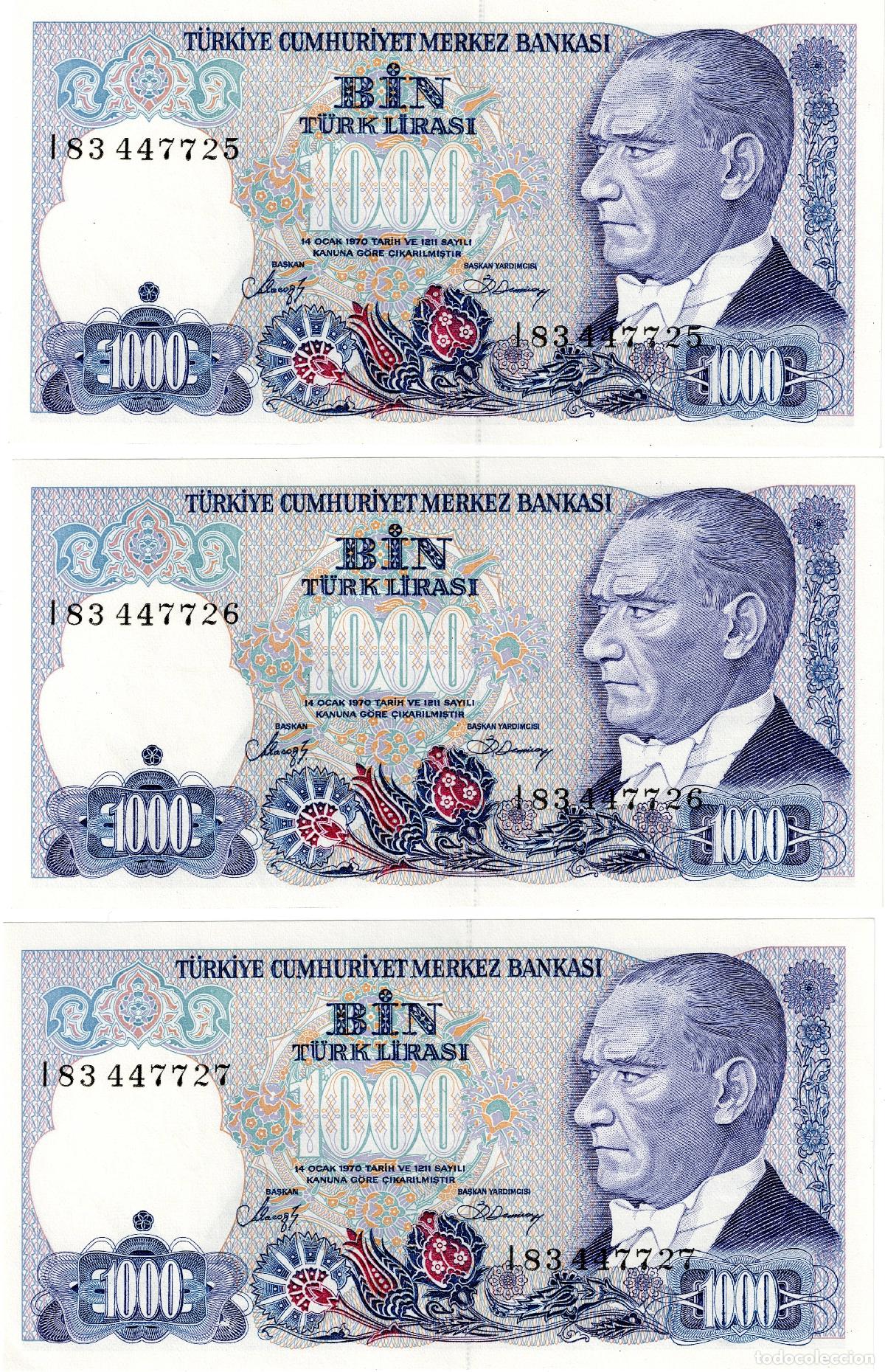 Billetes extranjeros: TURQU&Iacute;A 3 BILLETES DE 1000 LIRAS 1970 NUMERACI&Oacute;N CONSECUTIVA PLANCHA
