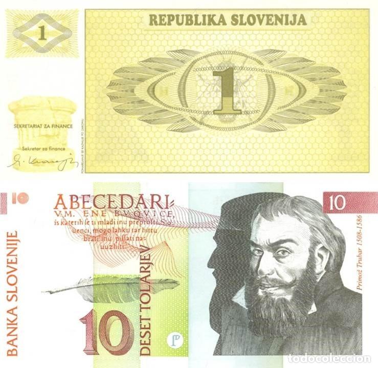 Billetes extranjeros: SLOVENIA LOTE DE 2 BILLETES DE 1 Y 10 TOLARJEV. NUEVOS