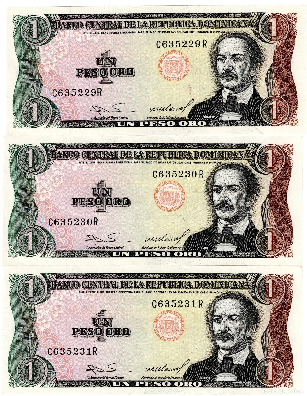 Banconote internazionali: REP&Uacute;BLICA DOMINICANA 3 BILLETES DE 1 PESO DE ORO 1984 NUMERACI&Oacute;N CONSECUTIVA PLANCHA