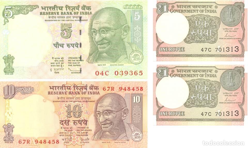 Billetes extranjeros: INDIA LOTE DE 4 BILLETES DE 1, 5 Y 10 RUPIAS. NUEVOS