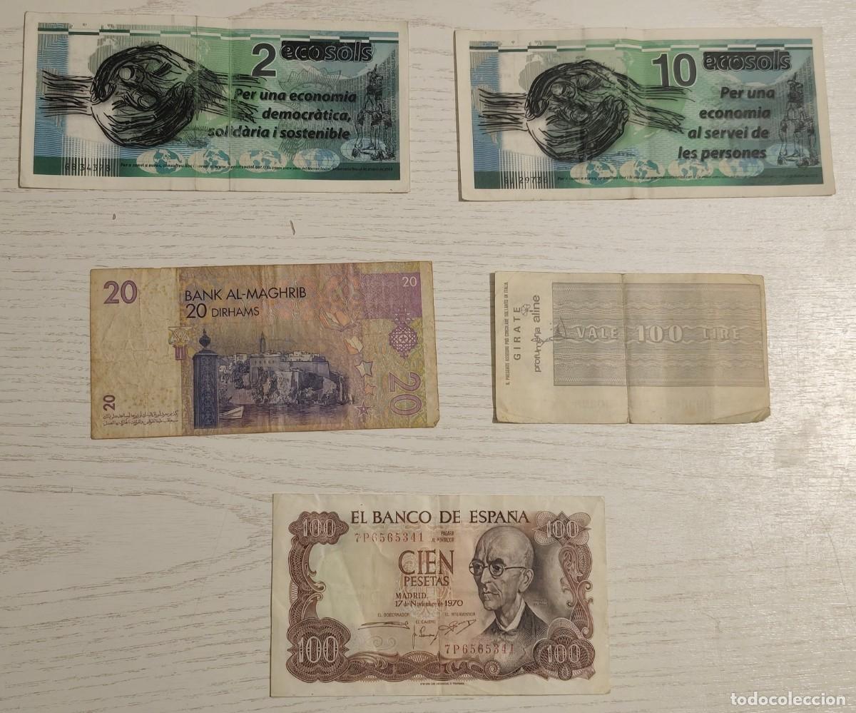 Billetes extranjeros: LOTE DE 5 BILLETES VARIADOS (100 PESETAS / 20 DIRHAMS / 100 LIRAS / 2 ECOSOLS / 10 ECOSOLS)