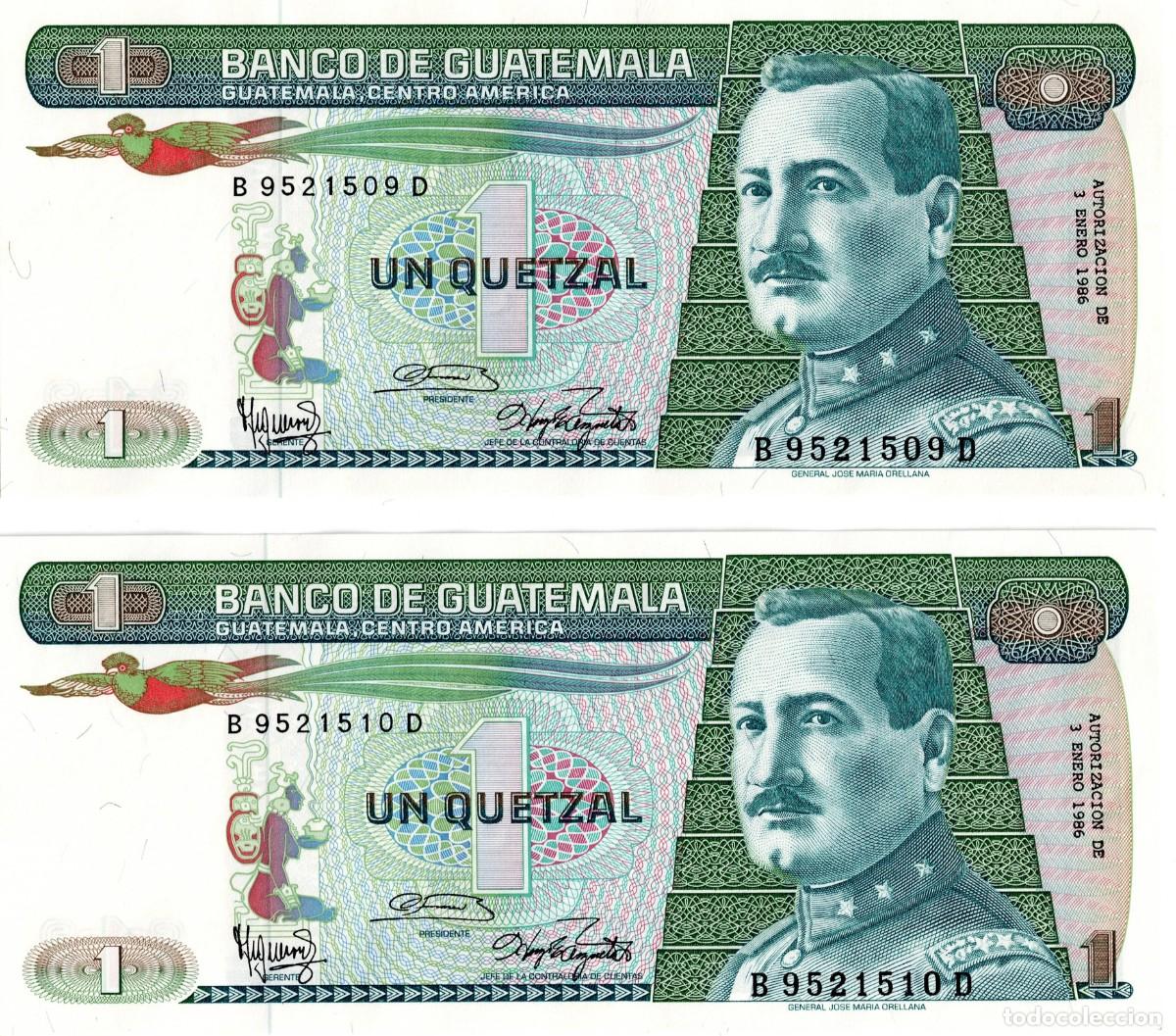 Billetes extranjeros: GUATEMALA 2 BILLETES DE 1 QUETZAL 1986 NUMERACI&Oacute;N CONSECUTIVA PLANCHA